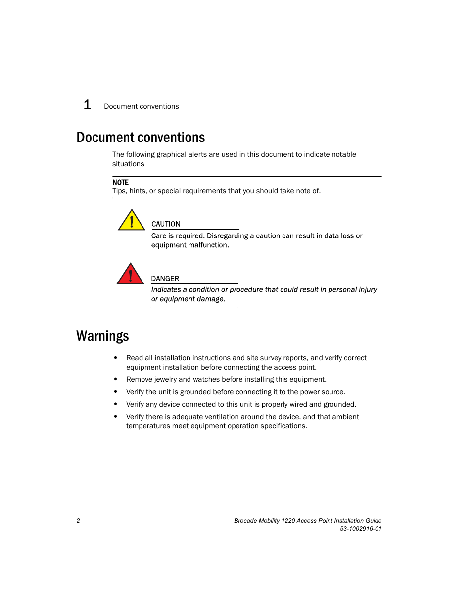 Document conventions, Warnings | Brocade Mobility 1220 Access Point Installation Guide User Manual | Page 7 / 68