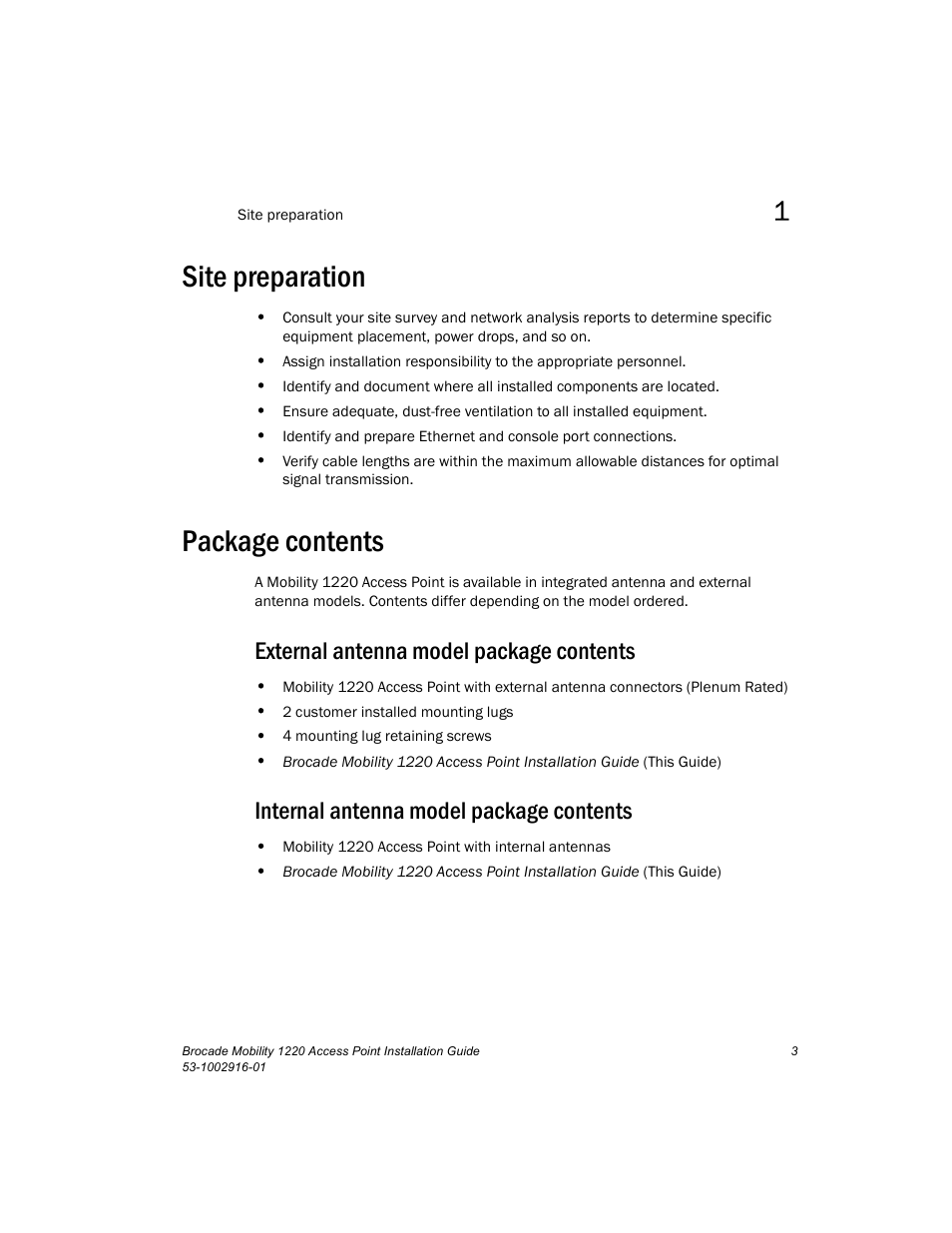 Site preparation, Package contents, External antenna model package contents | Internal antenna model package contents | Brocade Mobility 1220 Access Point Installation Guide User Manual | Page 8 / 68