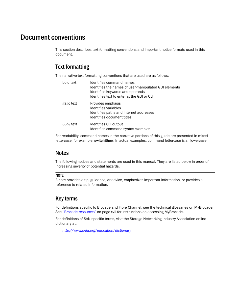 Document conventions, Text formatting, Notes | Key terms | Brocade Network Advisor Installation and Migration Guide (Supporting Network Advisor 12.3.0) User Manual | Page 16 / 97