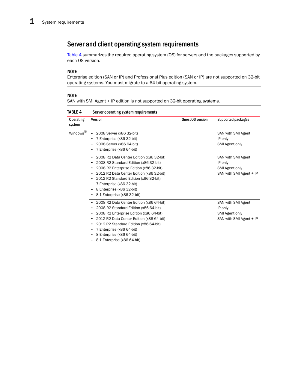 Server and client operating system requirements | Brocade Network Advisor Installation and Migration Guide (Supporting Network Advisor 12.3.0) User Manual | Page 22 / 97