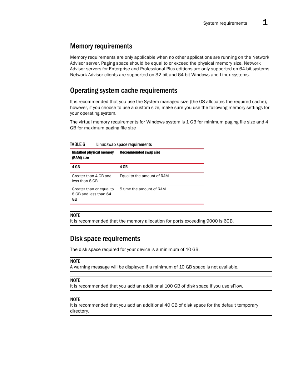 Memory requirements, Operating system cache requirements, Disk space requirements | Brocade Network Advisor Installation and Migration Guide (Supporting Network Advisor 12.3.0) User Manual | Page 25 / 97