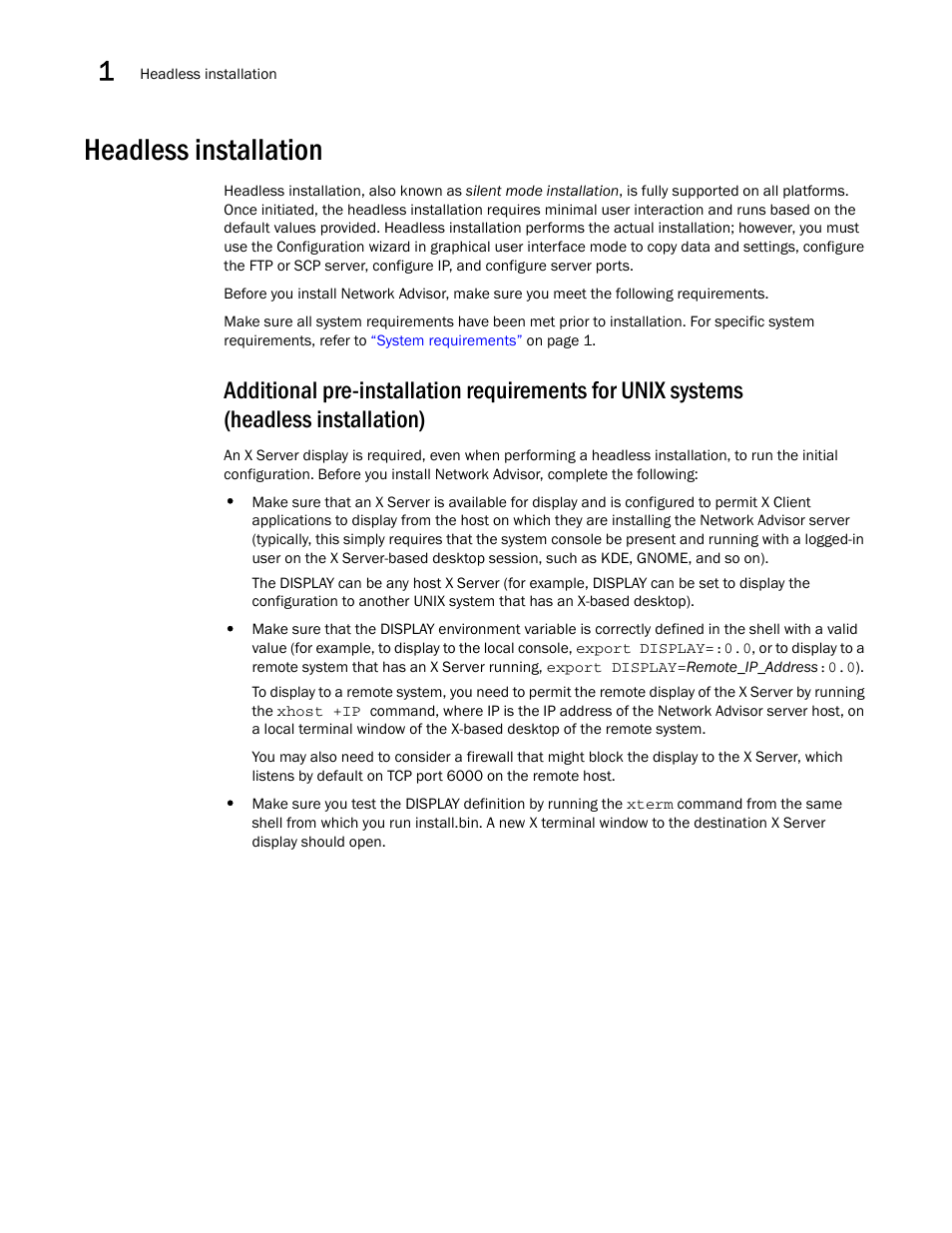 Headless installation, Headless installation), Additional pre-installation requirements for | Unix systems (headless installation) | Brocade Network Advisor Installation and Migration Guide (Supporting Network Advisor 12.3.0) User Manual | Page 32 / 97