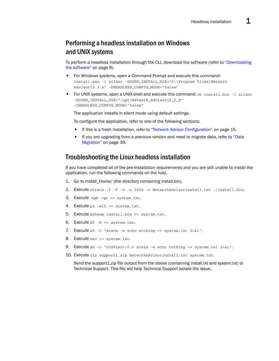 Troubleshooting the linux headless installation, Performing a headless installation on windows | Brocade Network Advisor Installation and Migration Guide (Supporting Network Advisor 12.3.0) User Manual | Page 33 / 97