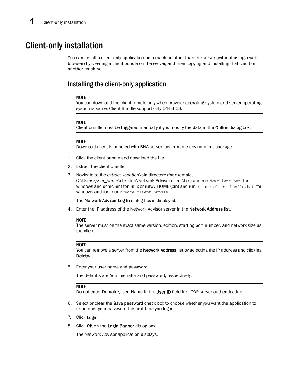 Client-only installation, Installing the client-only application | Brocade Network Advisor Installation and Migration Guide (Supporting Network Advisor 12.3.0) User Manual | Page 34 / 97