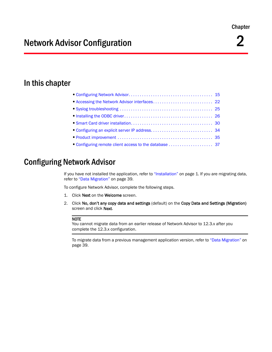 Network advisor configuration, Configuring network advisor, Chapter 2 | Chapter 2, “network advisor configuration | Brocade Network Advisor Installation and Migration Guide (Supporting Network Advisor 12.3.0) User Manual | Page 35 / 97