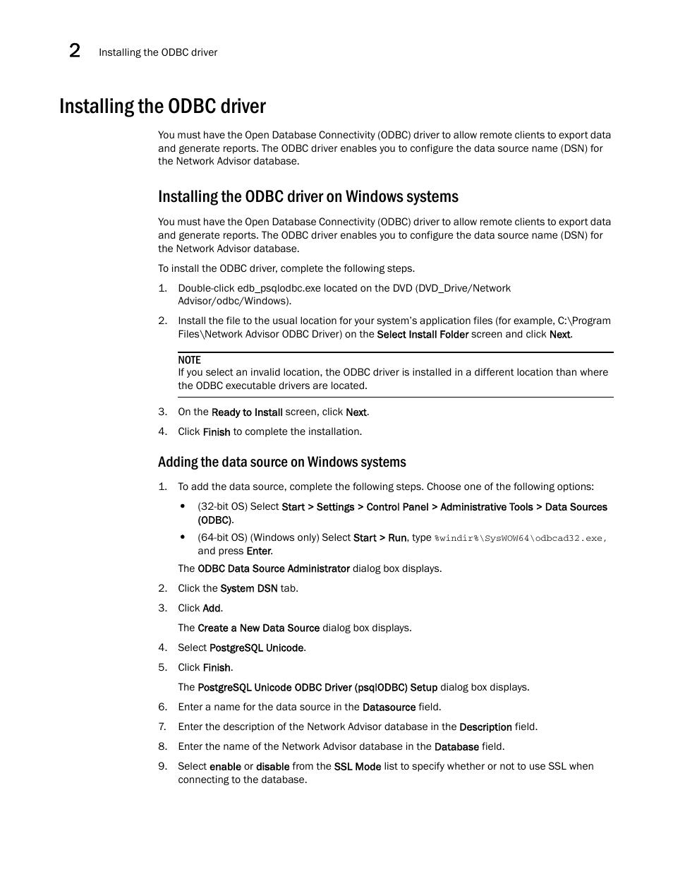 Installing the odbc driver, Installing the odbc driver on windows systems, Adding the data source on windows systems | Brocade Network Advisor Installation and Migration Guide (Supporting Network Advisor 12.3.0) User Manual | Page 46 / 97