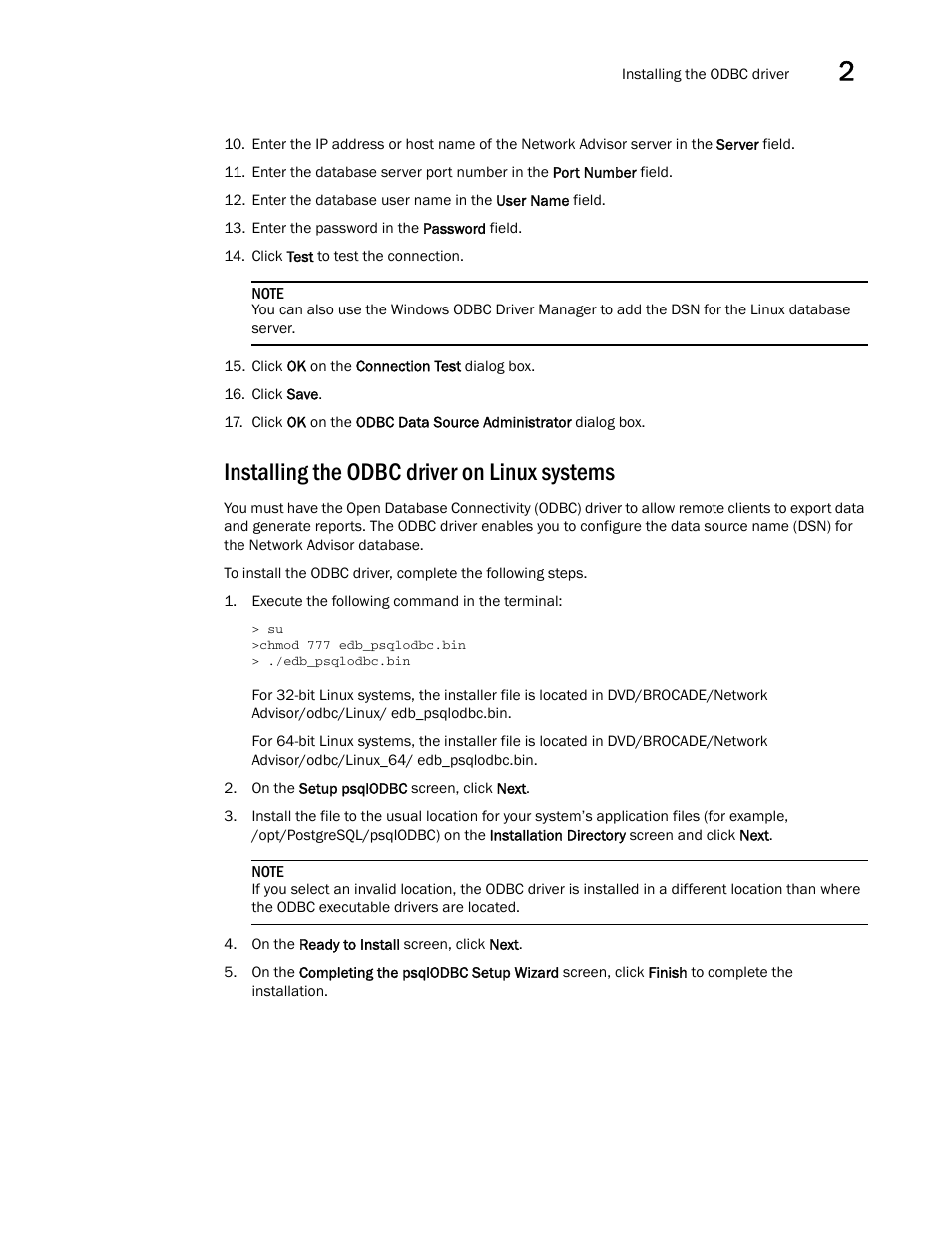 Installing the odbc driver on linux systems | Brocade Network Advisor Installation and Migration Guide (Supporting Network Advisor 12.3.0) User Manual | Page 47 / 97