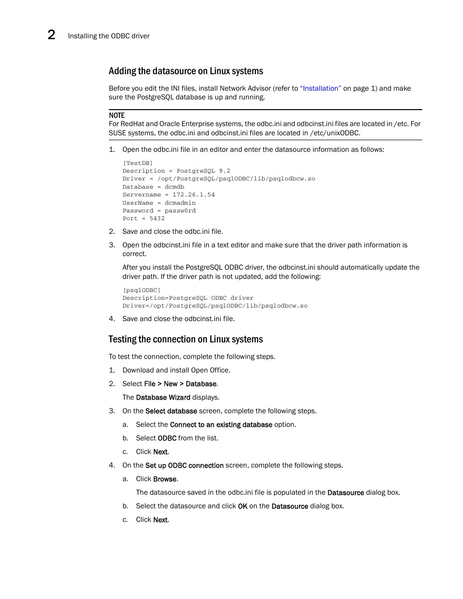 Adding the datasource on linux systems, Testing the connection on linux systems | Brocade Network Advisor Installation and Migration Guide (Supporting Network Advisor 12.3.0) User Manual | Page 48 / 97