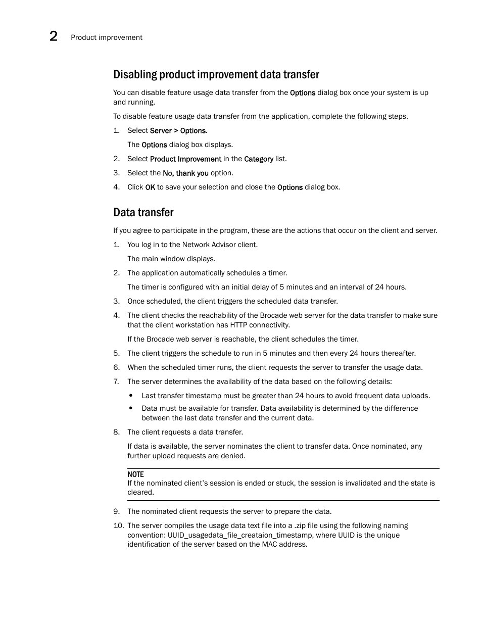 Disabling product improvement data transfer, Data transfer | Brocade Network Advisor Installation and Migration Guide (Supporting Network Advisor 12.3.0) User Manual | Page 56 / 97