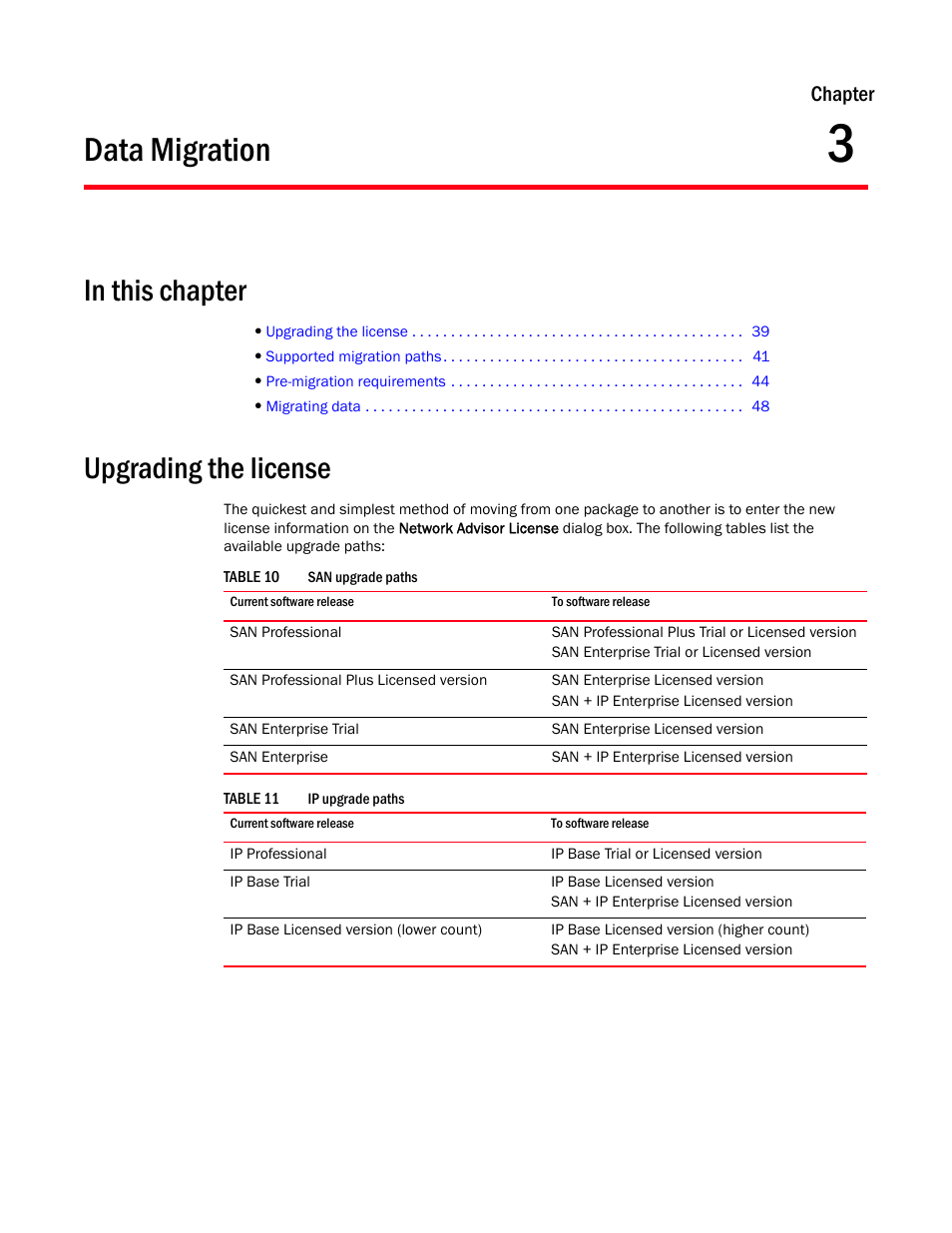 Data migration, Upgrading the license, Chapter 3 | Chapter 3, “data migration, Data, Migration, Chapter | Brocade Network Advisor Installation and Migration Guide (Supporting Network Advisor 12.3.0) User Manual | Page 59 / 97