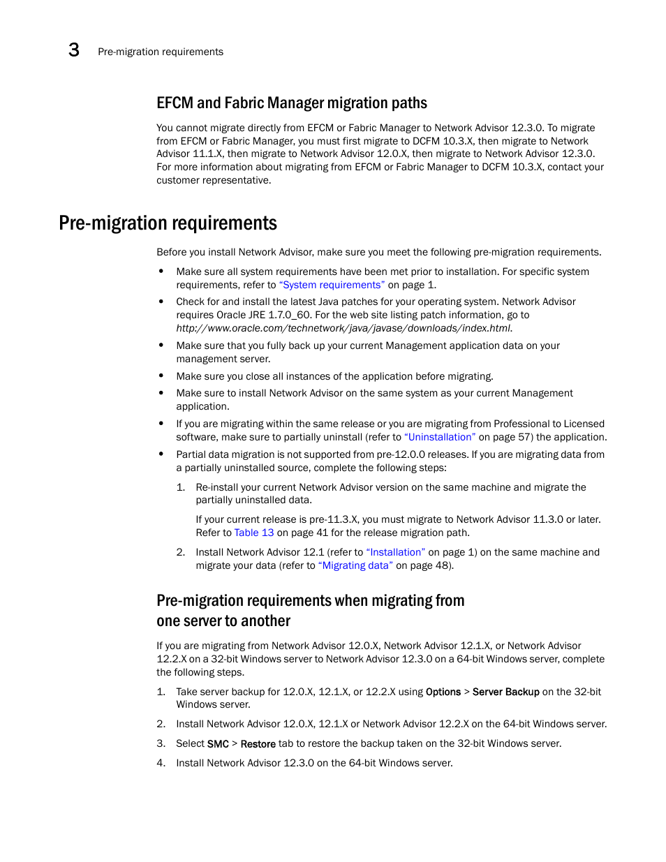 Efcm and fabric manager migration paths, Pre-migration requirements, Pre-migration requirements when migrating from | One server to another, Pre-migration requirements when, Migrating from one server to another | Brocade Network Advisor Installation and Migration Guide (Supporting Network Advisor 12.3.0) User Manual | Page 64 / 97