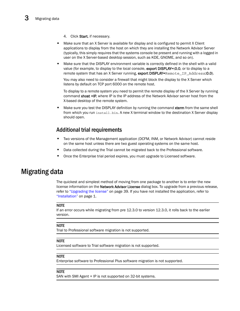 Additional trial requirements, Migrating data, Ur data | Brocade Network Advisor Installation and Migration Guide (Supporting Network Advisor 12.3.0) User Manual | Page 68 / 97