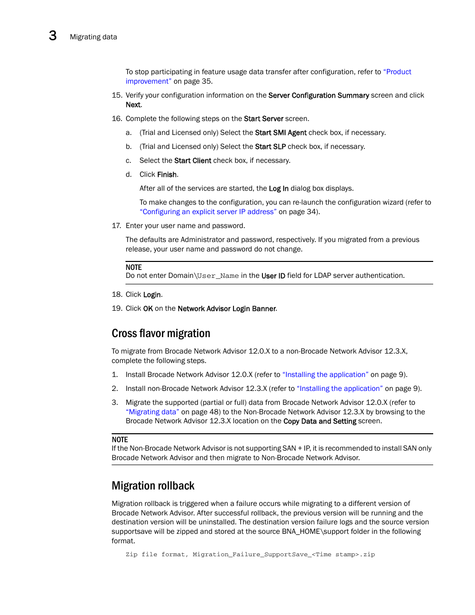 Cross flavor migration, Migration rollback, Cross flavor migration migration rollback | Brocade Network Advisor Installation and Migration Guide (Supporting Network Advisor 12.3.0) User Manual | Page 74 / 97