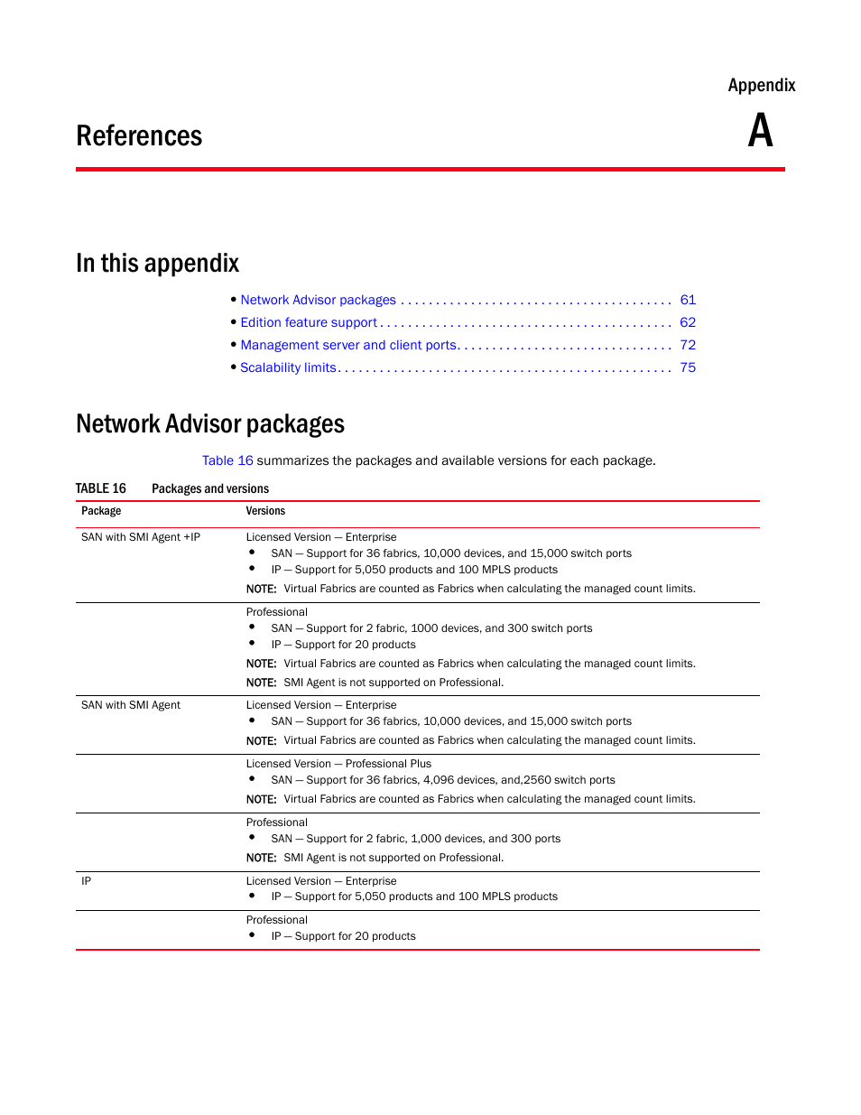 References, Network advisor packages, Appendix a | Appendix a, “references, Appendix | Brocade Network Advisor Installation and Migration Guide (Supporting Network Advisor 12.3.0) User Manual | Page 81 / 97