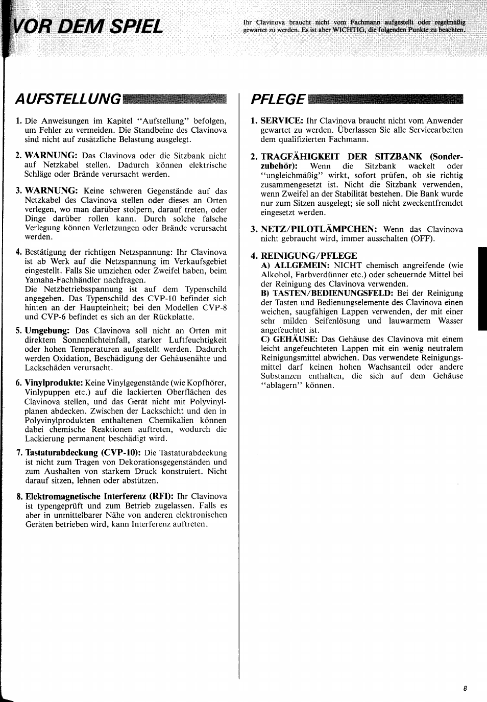 0r dem spiel, Aufstellungl, Pflege | Yamaha CVP-10 User Manual | Page 12 / 29
