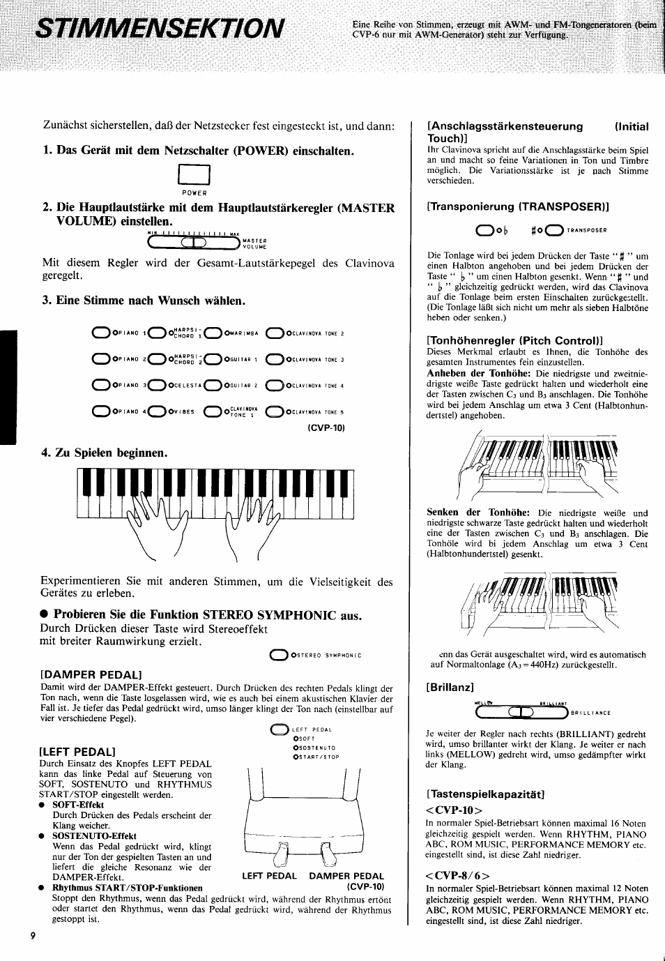 Stimmensektion, Damper pedal, Left pedal] os'^'iop | Anschlagsstärkensteuerung (initial touch), Transponierung (transposer), Tonhöhenregler (pitch control), Anheben der tonhöhe, Senken der tonhöhe, Brillanz, Tastenspielkapazität] < cvp-10 | Yamaha CVP-10 User Manual | Page 13 / 29
