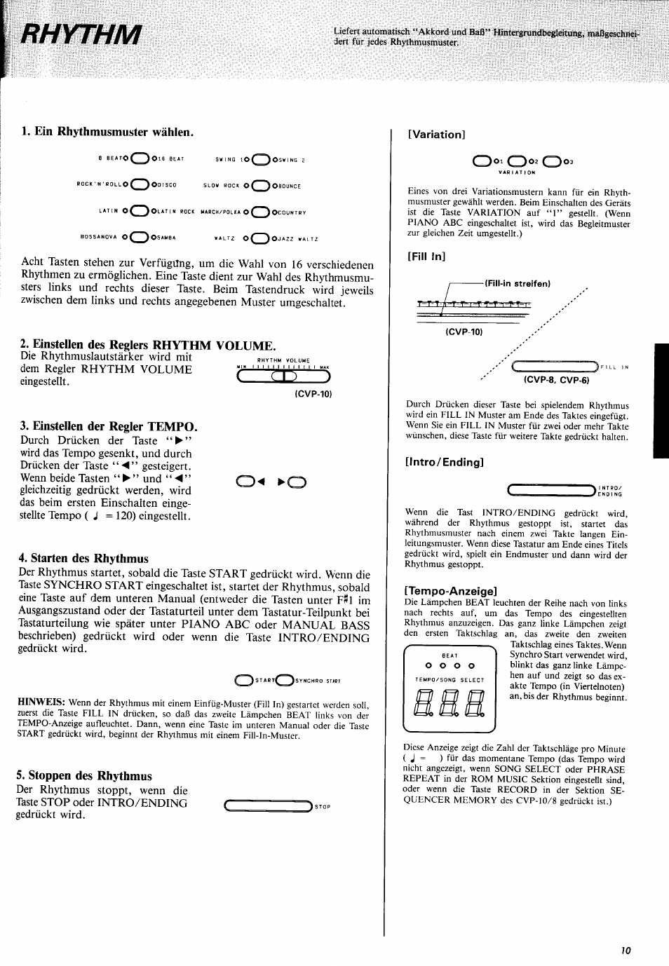 Rhythm, Oswing, Die rhythmuslautstärker wird mit | Dem regler rhythm volume eingestellt. c -gp- ), Hinweis, J ntro | Yamaha CVP-10 User Manual | Page 14 / 29