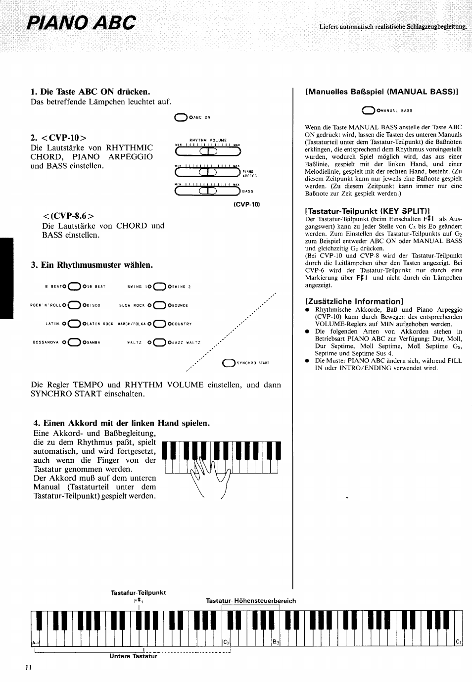 Piano abc, Tini, Liflrini iiriritl | Ifttfli, Innnflifimririnr, Das betreffende lämpchen leuchtet auf, Die lautstärke von rhythmic /— / j, Die lautstärke von chord und bass einstellen | Yamaha CVP-10 User Manual | Page 15 / 29