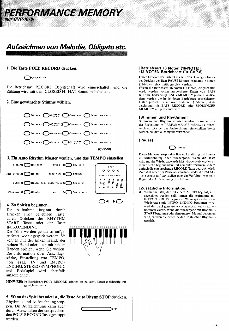 Performance memory, Aulzeichnen von melodie, obligate etc, Oc^ot | Yamaha CVP-10 User Manual | Page 18 / 29