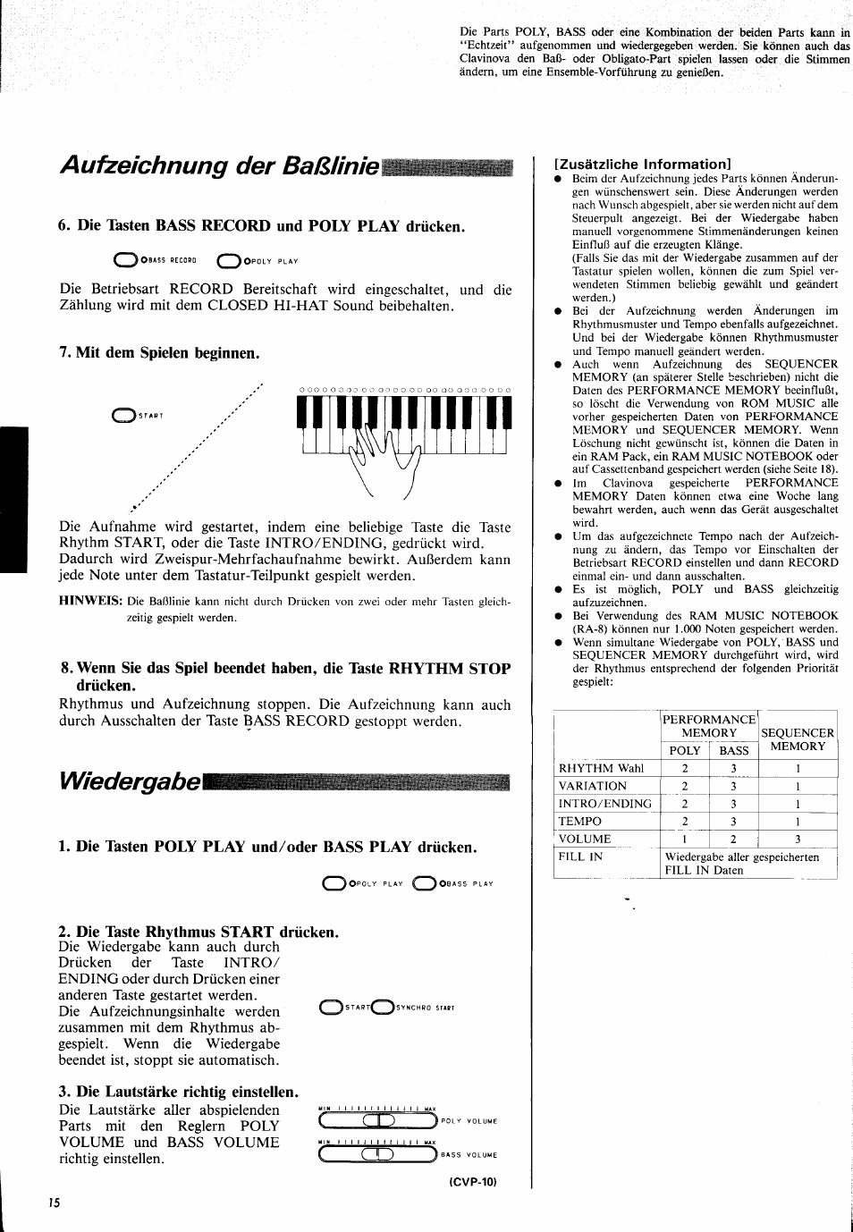 Aufzeichnung der baß!¡nie, Wiedergabel | Yamaha CVP-10 User Manual | Page 19 / 29