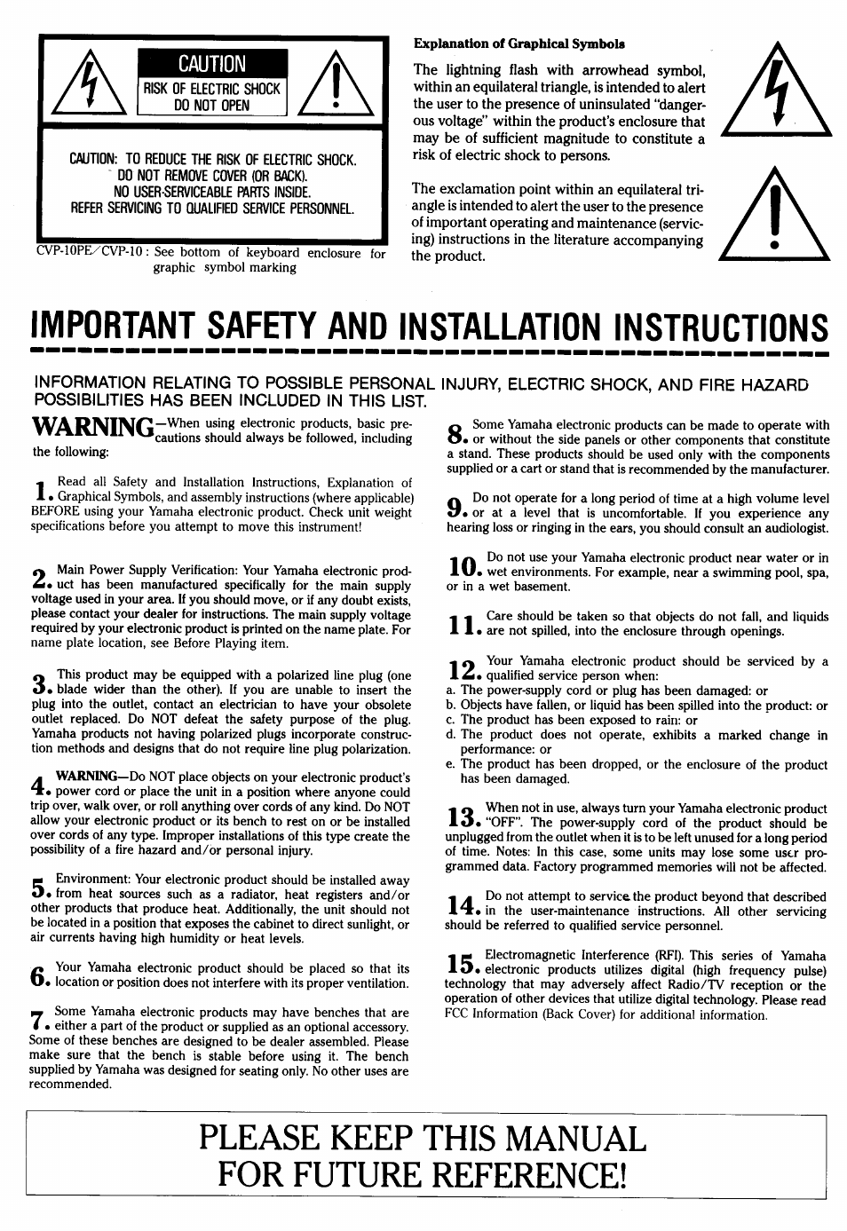 Please keep this manual for future reference, Important safety and installation instructions, Caution | Yamaha CVP-10 User Manual | Page 2 / 29