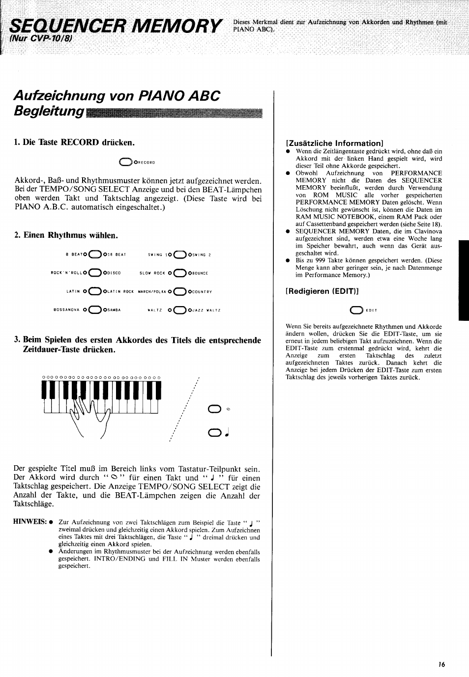 Sequencer memory, Aufzeichnung von piano abc begleitung^ i, 05»im | Yamaha CVP-10 User Manual | Page 20 / 29