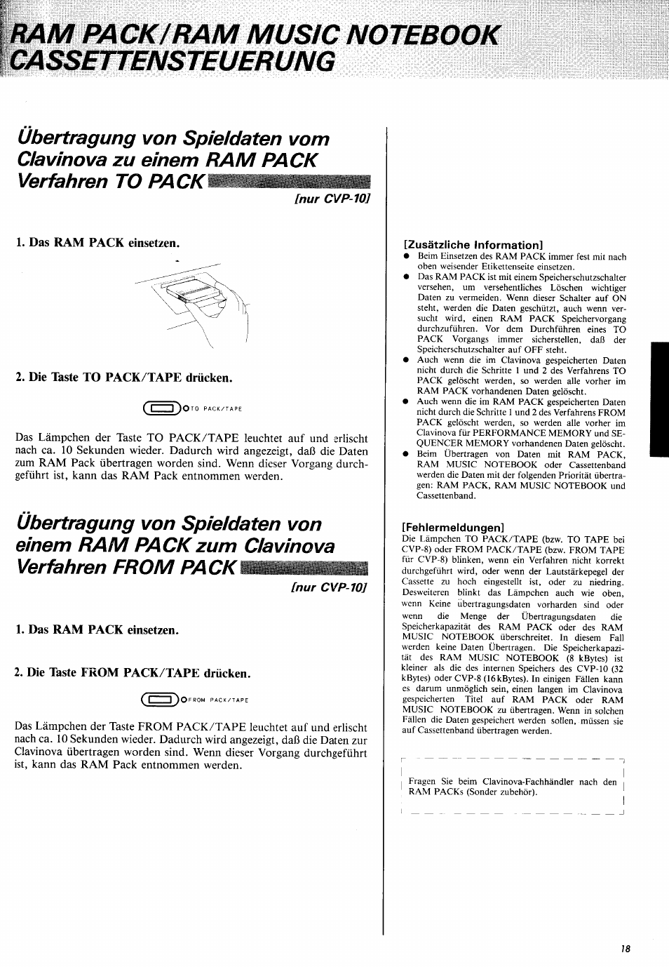 Ram pack/ram music notebook cassettensteuerung | Yamaha CVP-10 User Manual | Page 22 / 29