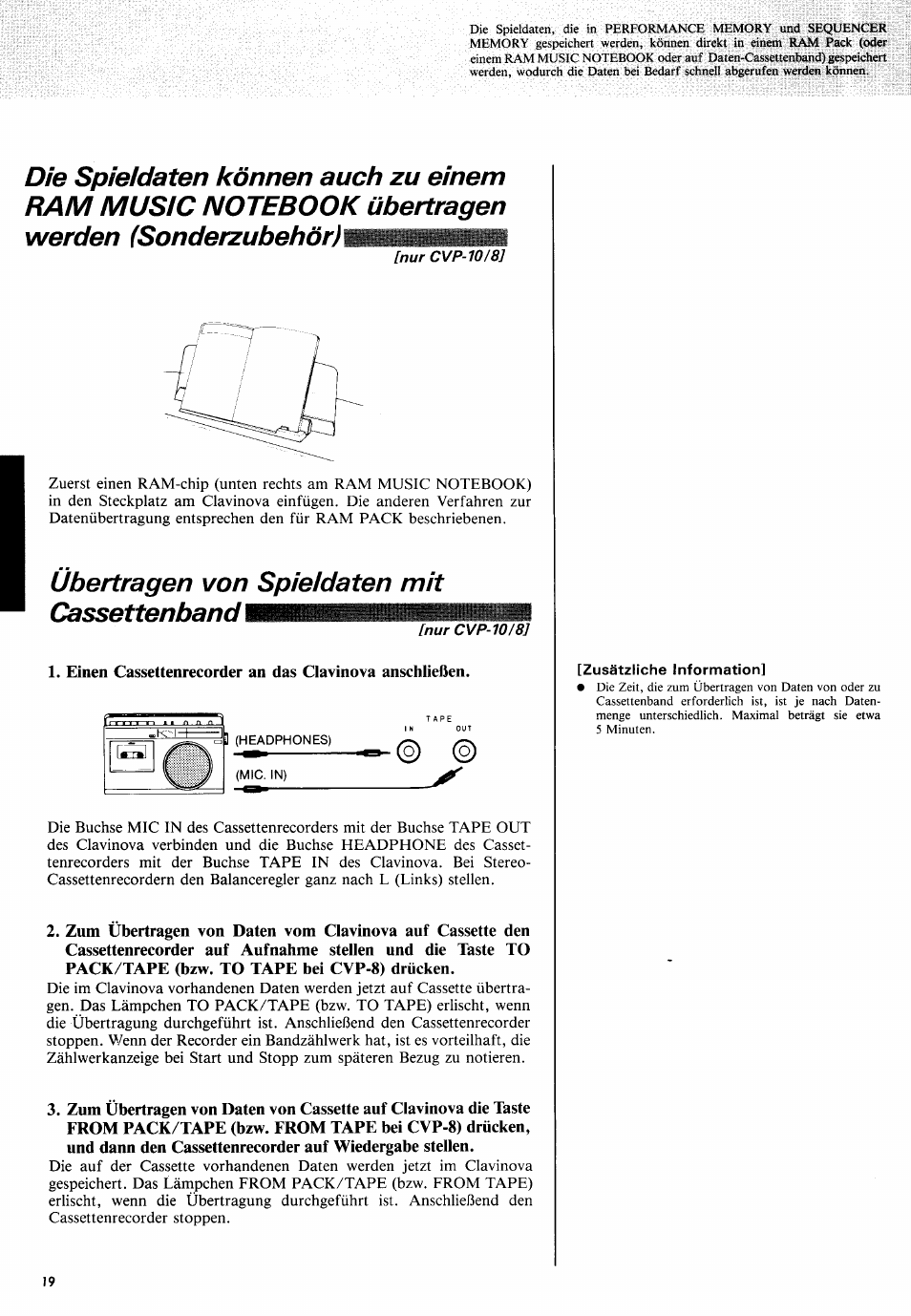 Übertragen von spieidaten mit cassettenband | Yamaha CVP-10 User Manual | Page 23 / 29