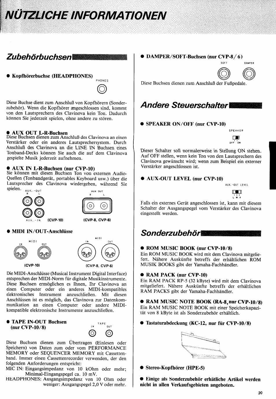 Nützliche informationen, Zubehörbuchsenl, Andere steuerschalterl | Sonderzubehörl | Yamaha CVP-10 User Manual | Page 24 / 29