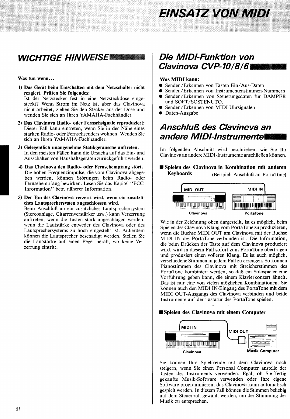 Einsatz von midi, Wichtige hinweise | Yamaha CVP-10 User Manual | Page 25 / 29