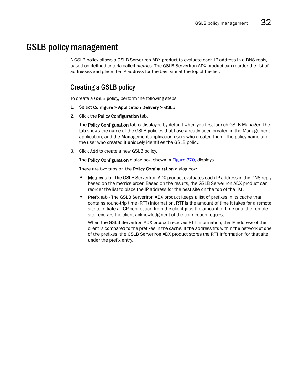 Gslb policy management, Creating a gslb policy | Brocade Network Advisor IP User Manual v12.1.0 User Manual | Page 1021 / 1770