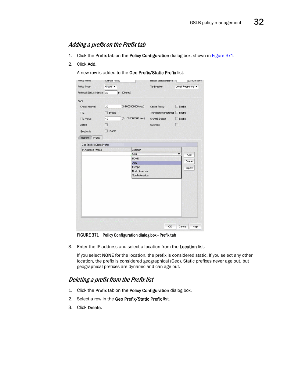 Adding a prefix on the prefix tab, Deleting a prefix from the prefix list | Brocade Network Advisor IP User Manual v12.1.0 User Manual | Page 1025 / 1770