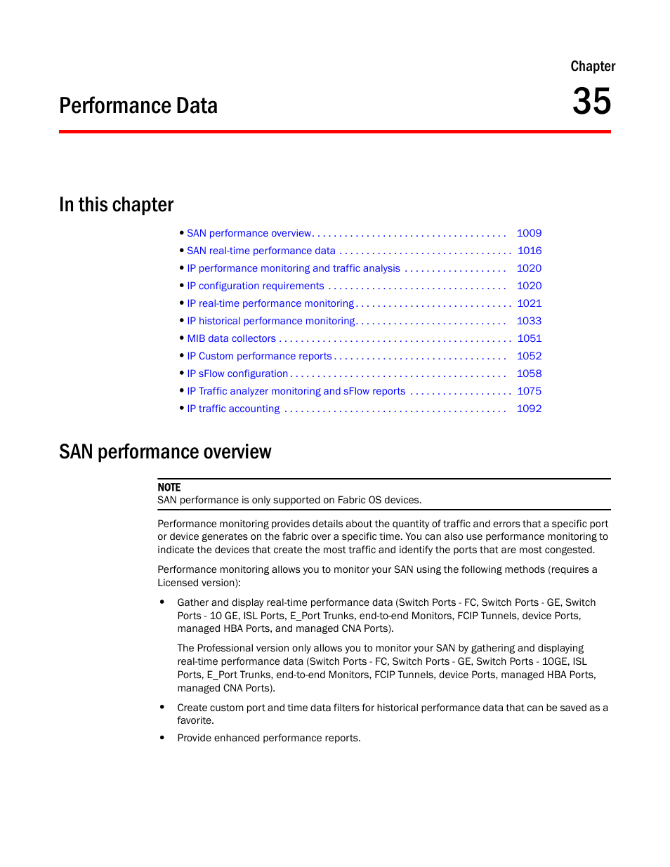 Performance data, San performance overview, Chapter 35 | Chapter 35, “performance data | Brocade Network Advisor IP User Manual v12.1.0 User Manual | Page 1063 / 1770
