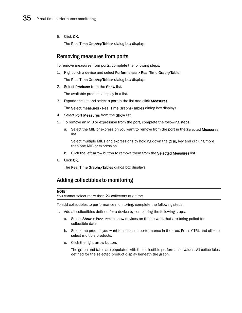 Removing measures from ports, Adding collectibles to monitoring | Brocade Network Advisor IP User Manual v12.1.0 User Manual | Page 1080 / 1770