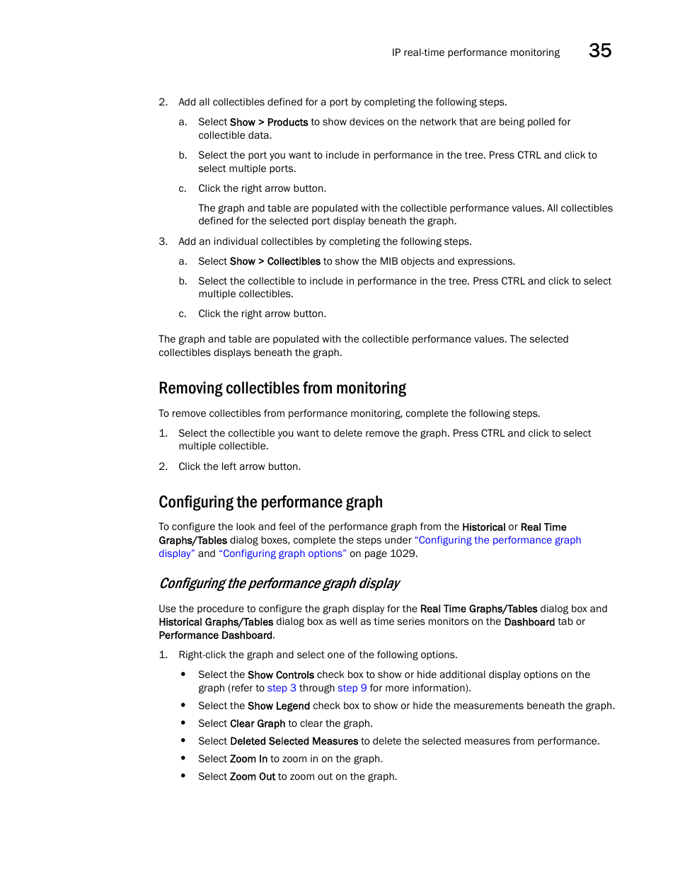 Removing collectibles from monitoring, Configuring the performance graph, Configuring the performance graph display | Brocade Network Advisor IP User Manual v12.1.0 User Manual | Page 1081 / 1770