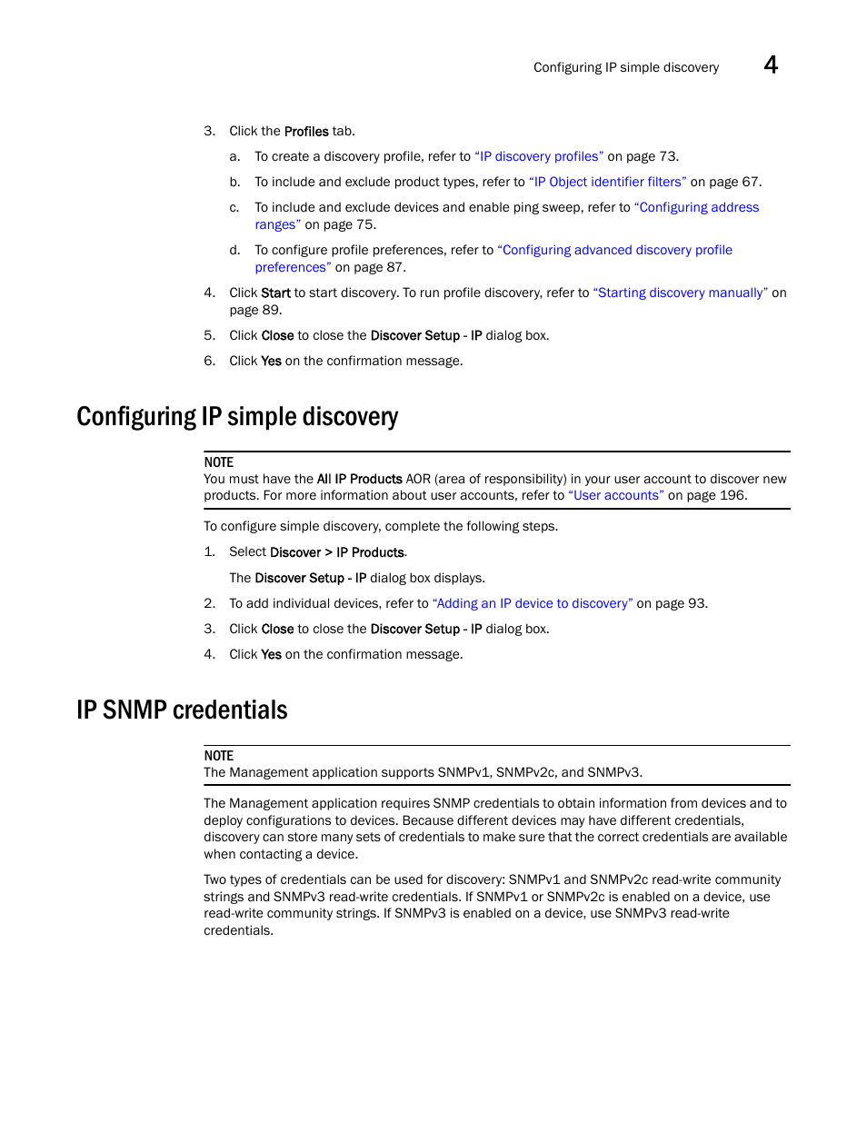 Configuring ip simple discovery, Ip snmp credentials | Brocade Network Advisor IP User Manual v12.1.0 User Manual | Page 109 / 1770