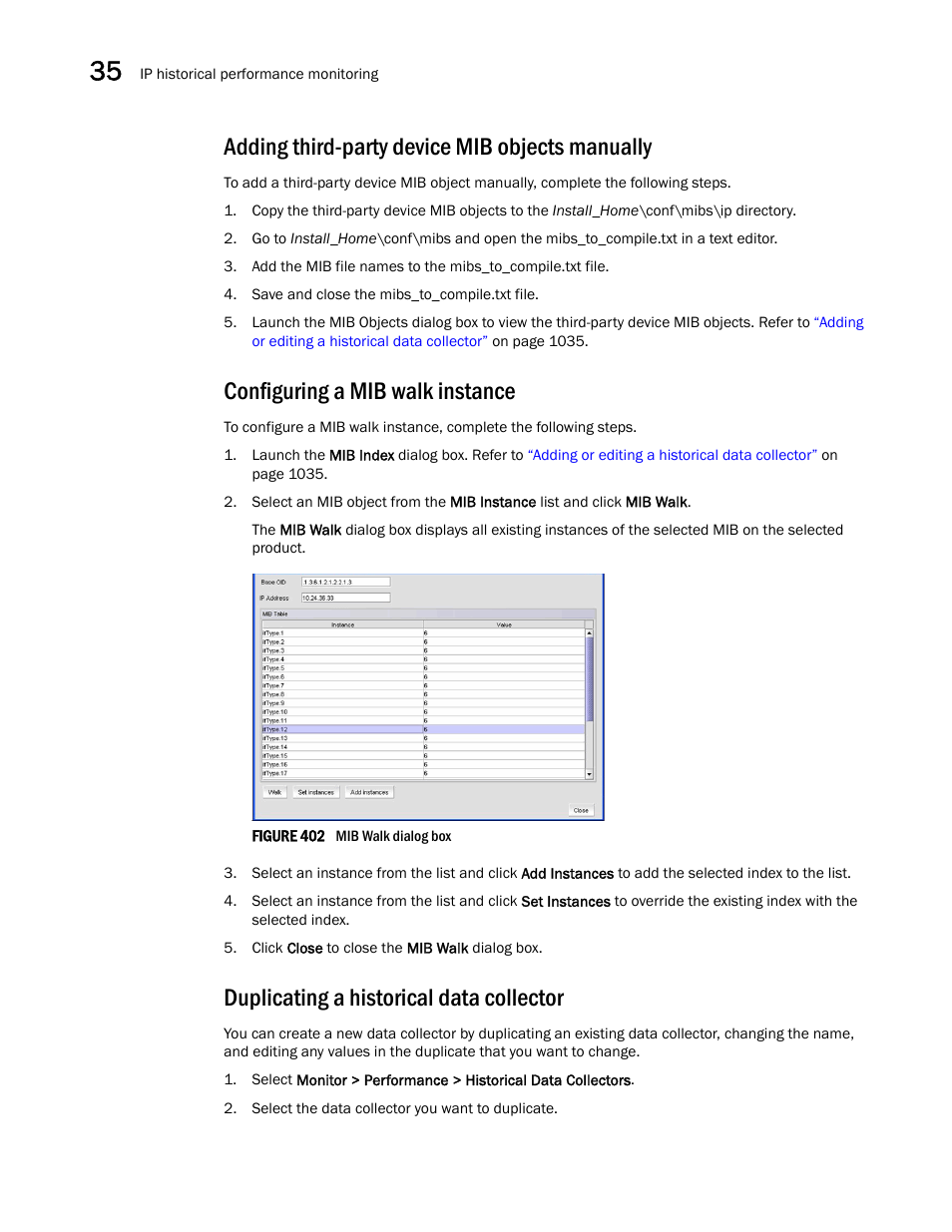 Adding third-party device mib objects manually, Configuring a mib walk instance, Duplicating a historical data collector | Adding third-party device, Mib objects manually | Brocade Network Advisor IP User Manual v12.1.0 User Manual | Page 1096 / 1770