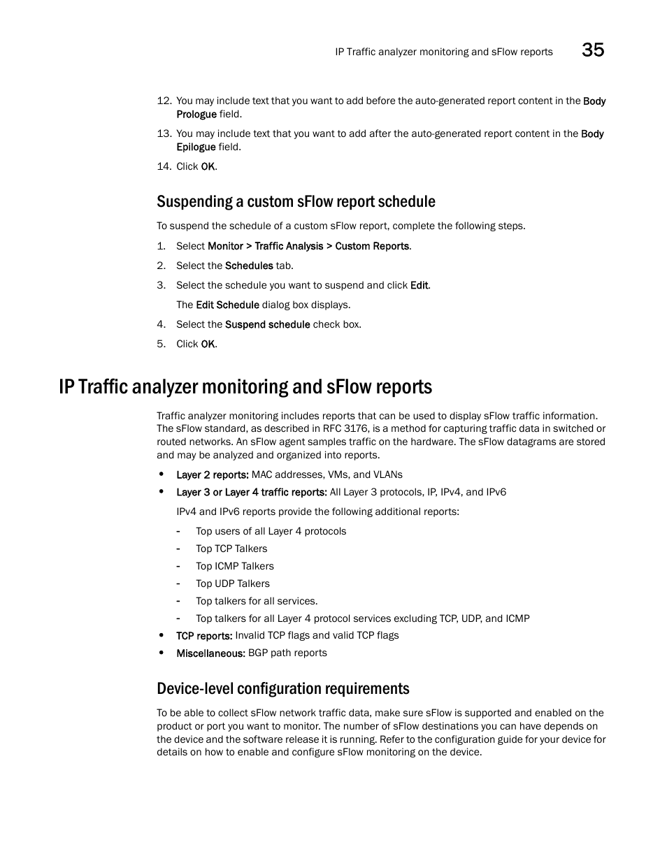 Suspending a custom sflow report schedule, Ip traffic analyzer monitoring and sflow reports, Device-level configuration requirements | Device-level configuration requirements 5, Ip traffic analyzer monitoring and sflow reports 5 | Brocade Network Advisor IP User Manual v12.1.0 User Manual | Page 1129 / 1770