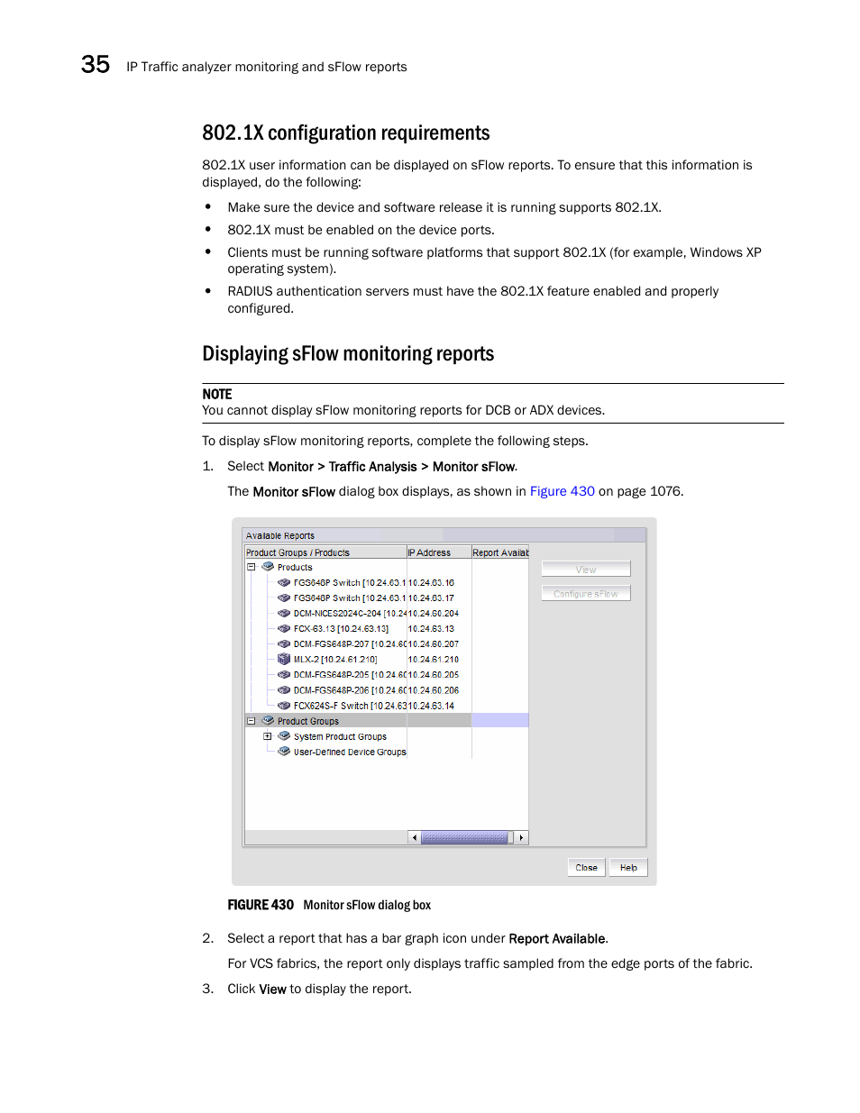 1x configuration requirements, Displaying sflow monitoring reports | Brocade Network Advisor IP User Manual v12.1.0 User Manual | Page 1130 / 1770