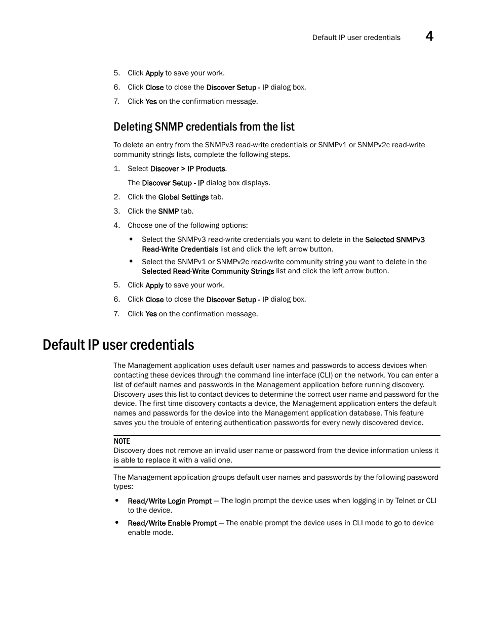 Deleting snmp credentials from the list, Default ip user credentials | Brocade Network Advisor IP User Manual v12.1.0 User Manual | Page 115 / 1770