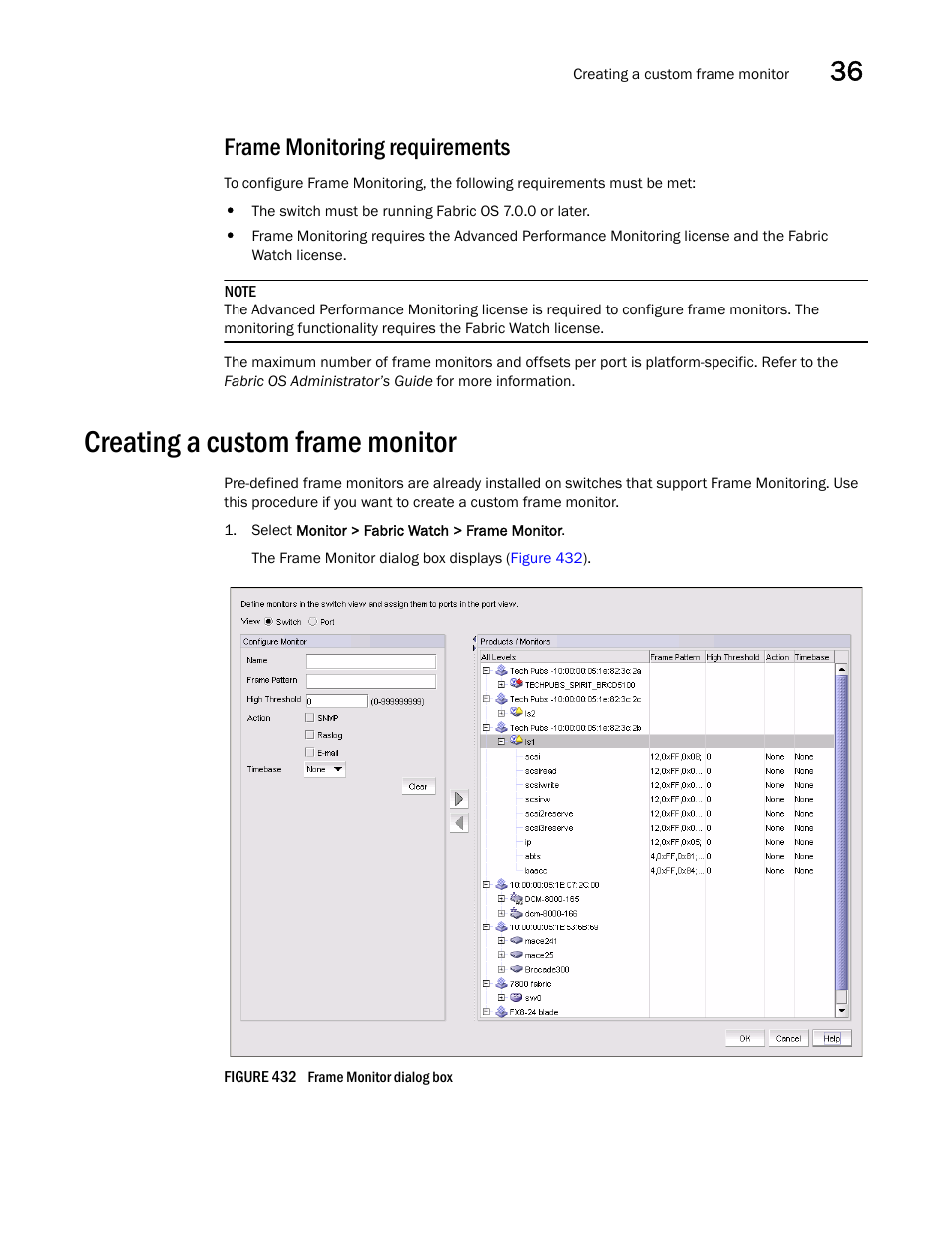 Frame monitoring requirements, Creating a custom frame monitor, Frame monitoring requirements 7 | Creating a custom frame monitor 7 | Brocade Network Advisor IP User Manual v12.1.0 User Manual | Page 1151 / 1770