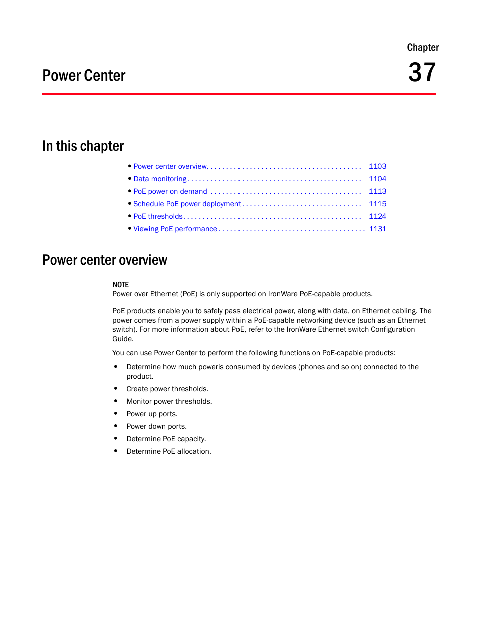 Power center, In this chapter, Power center overview | Chapter 37, Chapter 37, “power center | Brocade Network Advisor IP User Manual v12.1.0 User Manual | Page 1157 / 1770