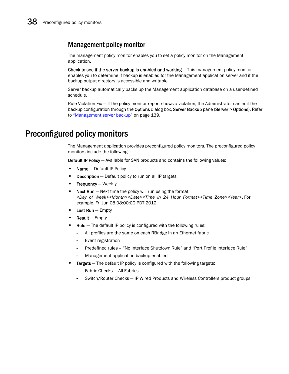 Management policy monitor, Preconfigured policy monitors, Preconfigured policy monitors 4 | Brocade Network Advisor IP User Manual v12.1.0 User Manual | Page 1198 / 1770