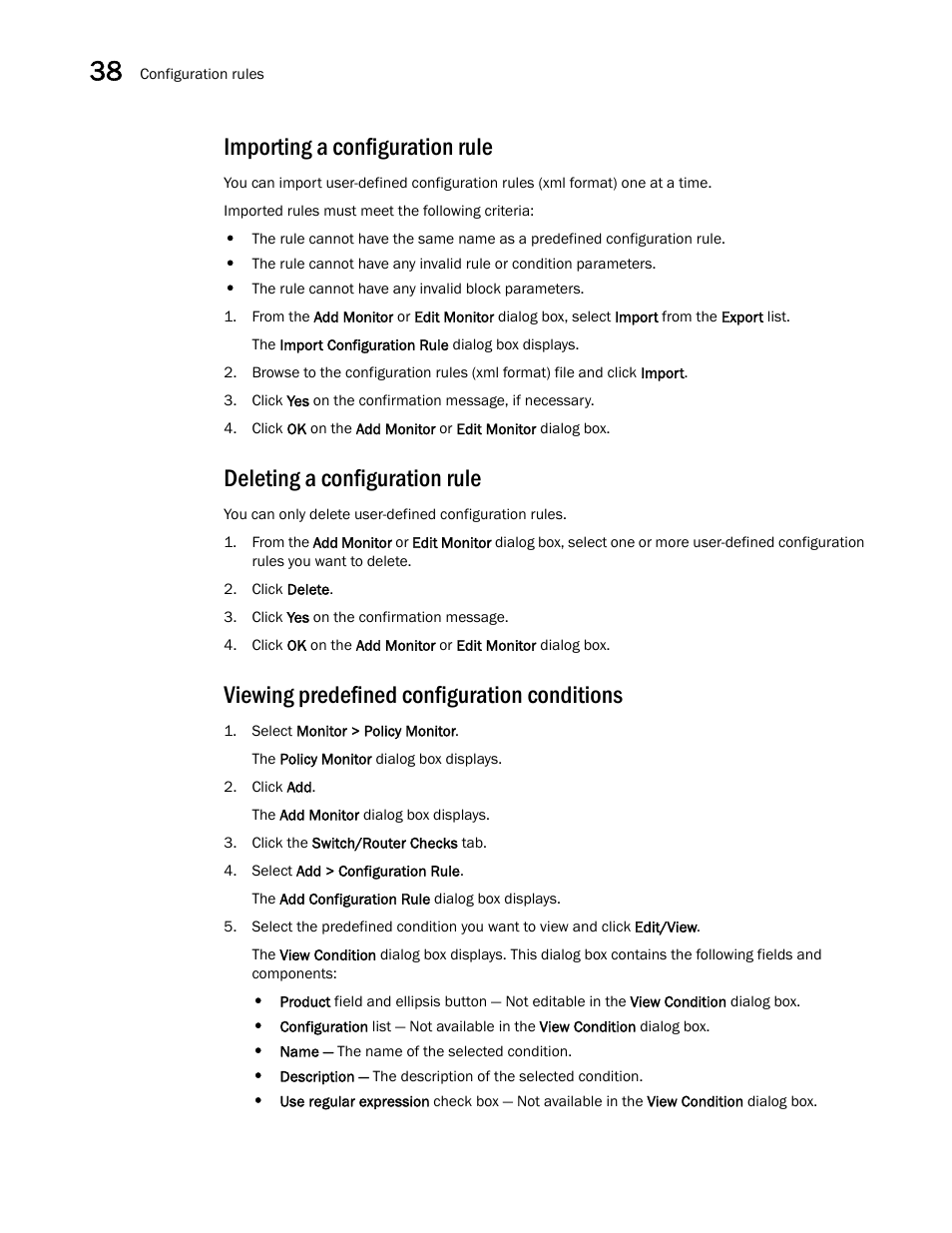 Importing a configuration rule, Deleting a configuration rule, Viewing predefined configuration conditions | Brocade Network Advisor IP User Manual v12.1.0 User Manual | Page 1216 / 1770