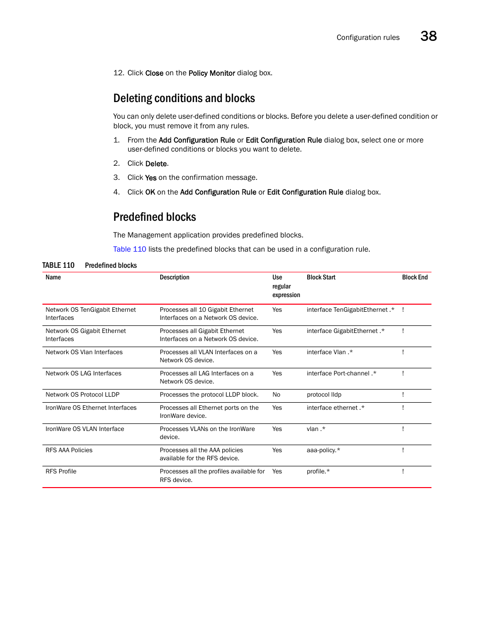 Deleting conditions and blocks, Predefined blocks | Brocade Network Advisor IP User Manual v12.1.0 User Manual | Page 1227 / 1770