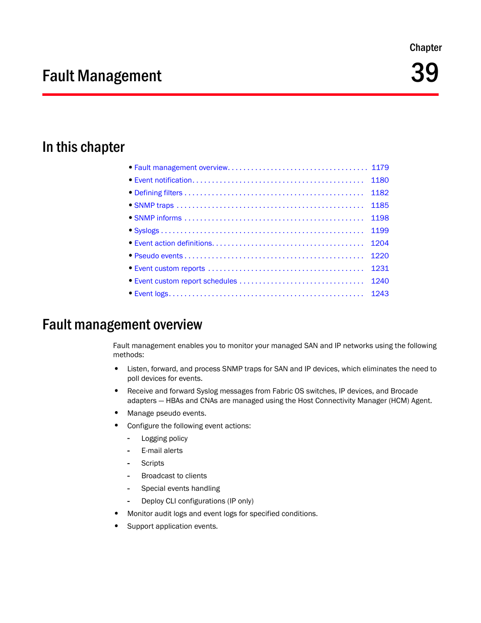 Fault management, Fault management overview, Chapter 39 | Chapter 39, “fault management | Brocade Network Advisor IP User Manual v12.1.0 User Manual | Page 1233 / 1770