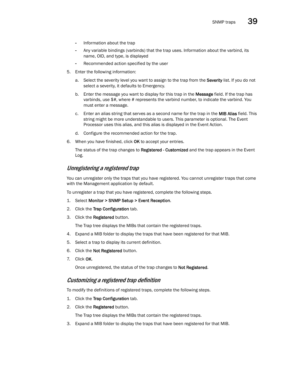 Unregistering a registered trap, Customizing a registered trap definition | Brocade Network Advisor IP User Manual v12.1.0 User Manual | Page 1251 / 1770