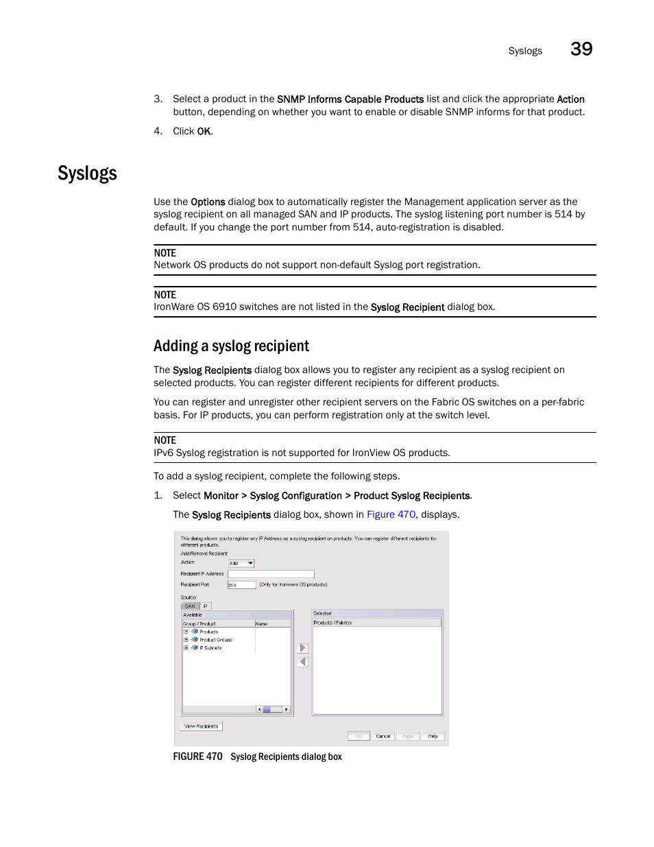 Syslogs, Adding a syslog recipient, Syslogs 9 | Brocade Network Advisor IP User Manual v12.1.0 User Manual | Page 1253 / 1770