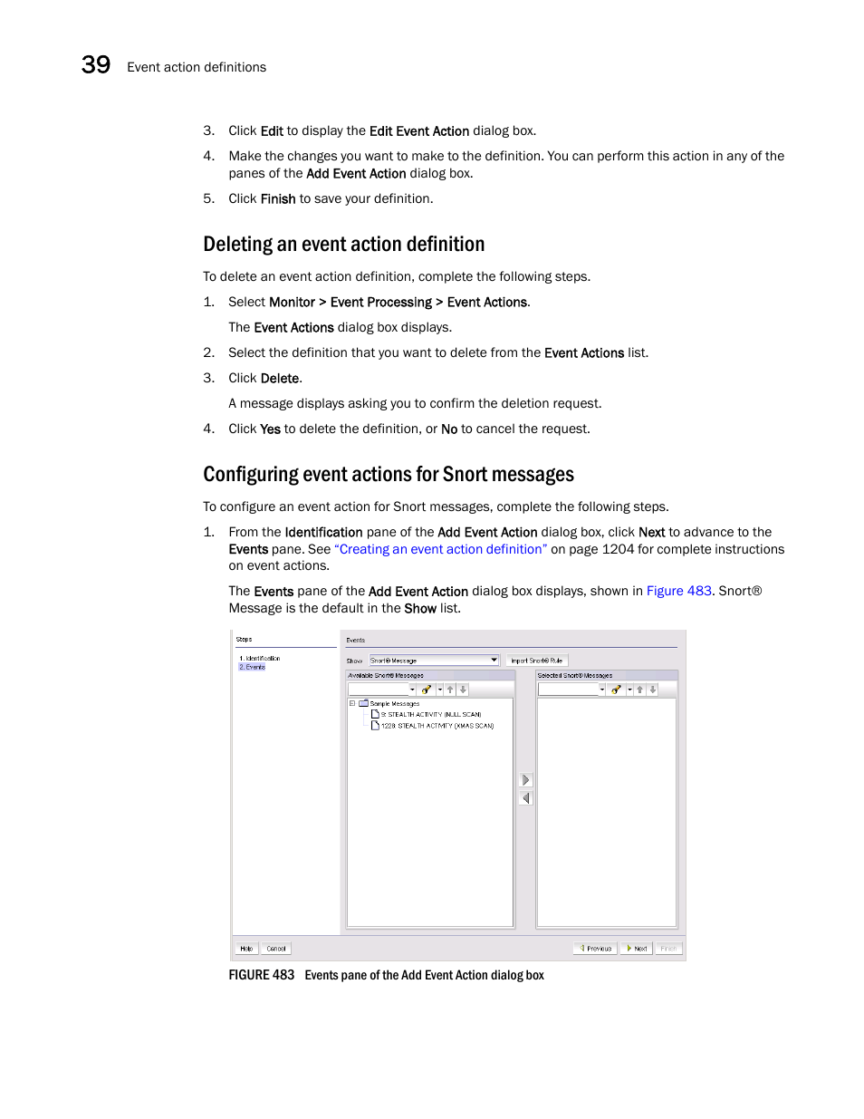 Deleting an event action definition, Configuring event actions for snort messages | Brocade Network Advisor IP User Manual v12.1.0 User Manual | Page 1272 / 1770