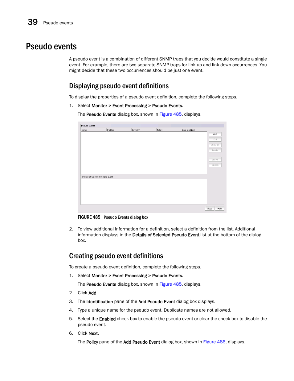 Pseudo events, Displaying pseudo event definitions, Creating pseudo event definitions | Pseudo events 0 | Brocade Network Advisor IP User Manual v12.1.0 User Manual | Page 1274 / 1770